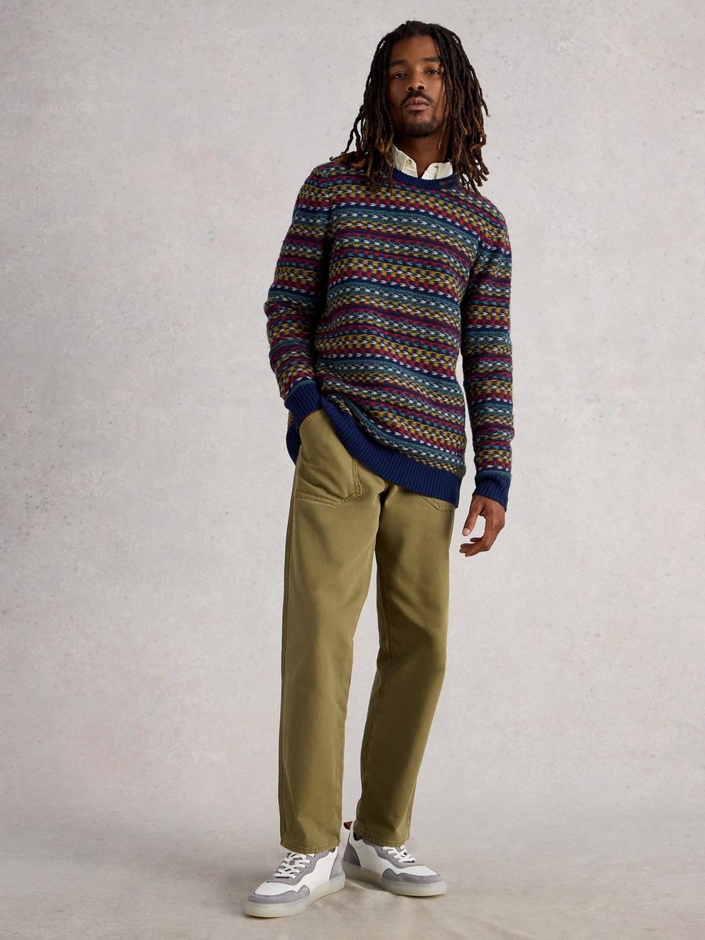 Lincoln Multi Stripe Crew Neck in NAVY MULTI - MODEL FRONT