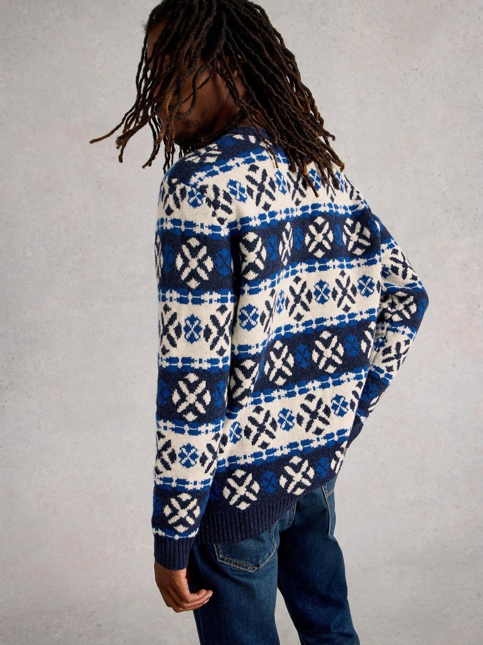 Geo Fairisle Crew Neck in NAVY MULTI - MODEL BACK