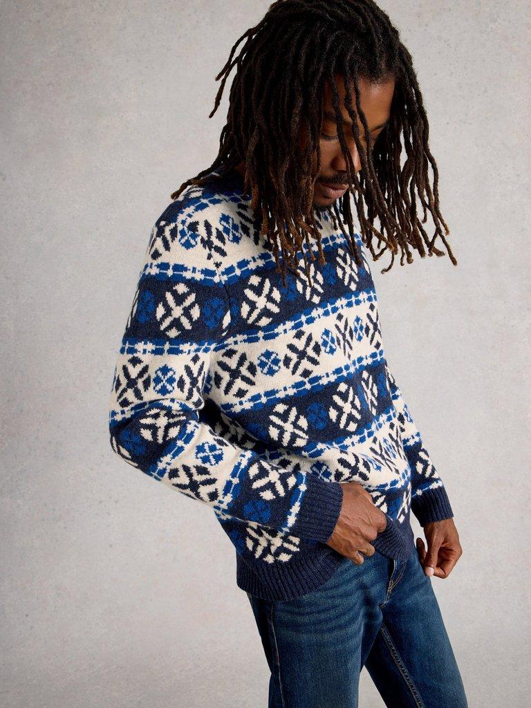 Geo Fairisle Crew Neck in NAVY MULTI - MODEL DETAIL