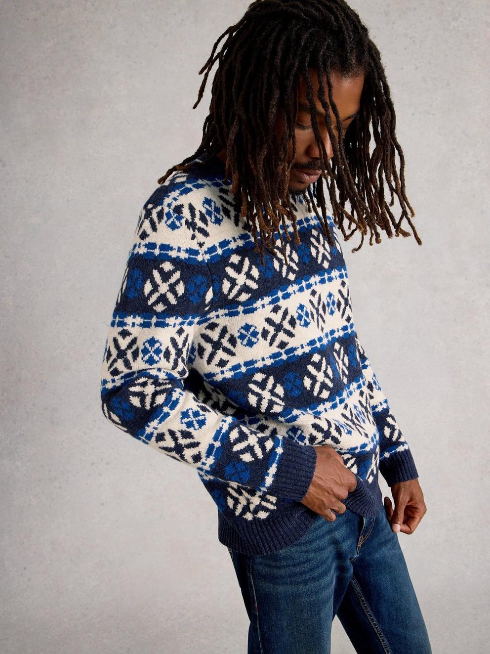 Geo Fairisle Crew Neck in NAVY MULTI - MODEL DETAIL