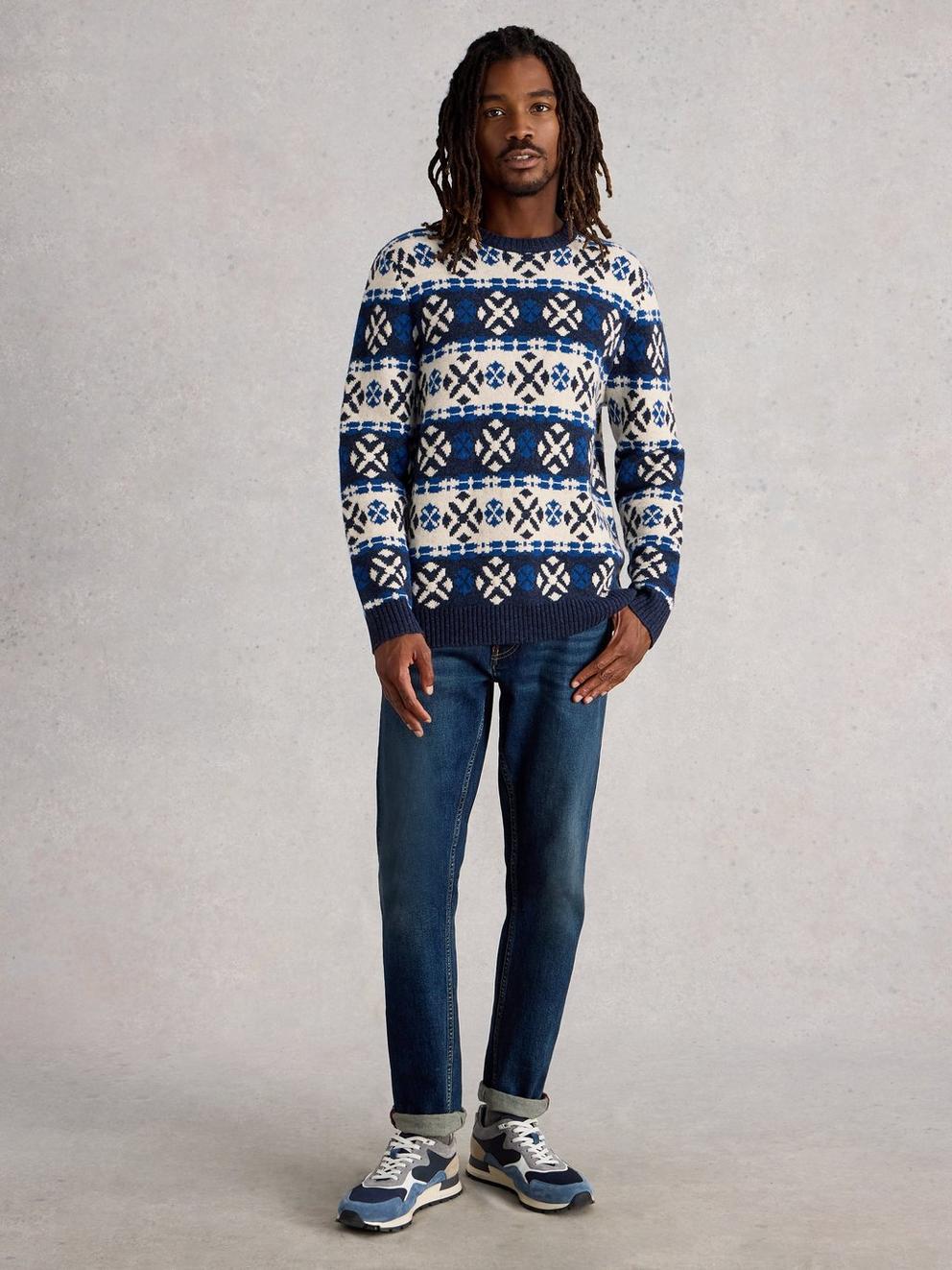 Geo Fairisle Crew Neck in NAVY MULTI - MODEL FRONT