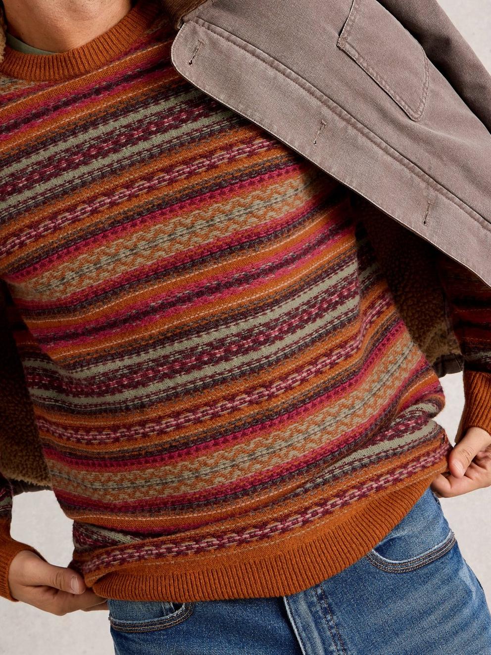 Ossett Fairisle Crew Neck in ORANGE MLT - MODEL DETAIL