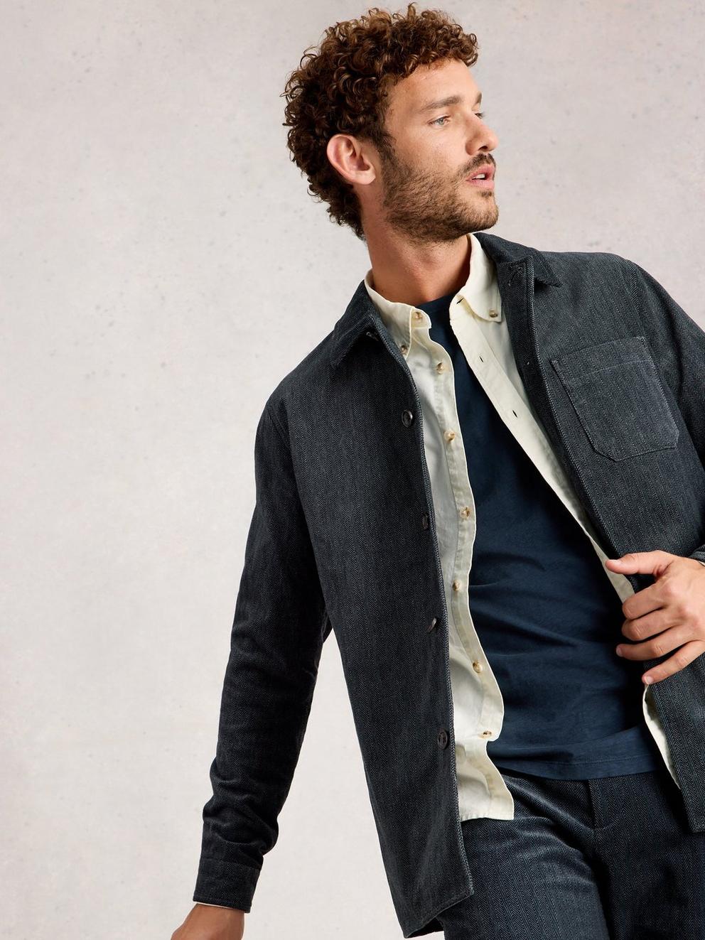 Herringbone Worker Jacket in CHARC GREY - MODEL DETAIL
