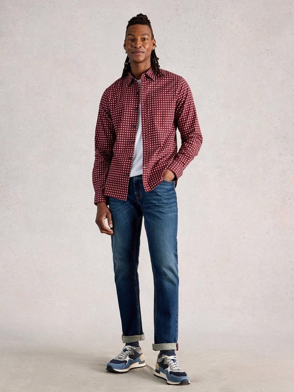 Salcombe Star Geo Print Shirt in PLUM PR - MODEL FRONT