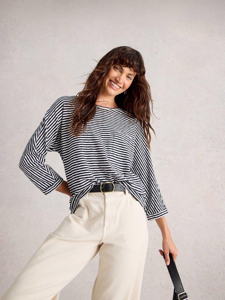 DEMI DOLMAN STRIPE TOP in NAVY MULTI - LIFESTYLE