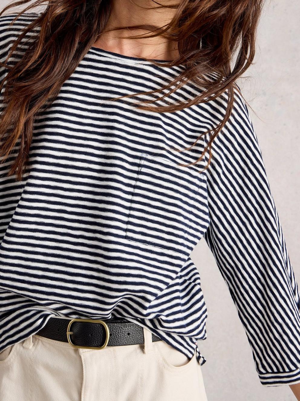 DEMI DOLMAN STRIPE TOP in NAVY MULTI - MODEL DETAIL