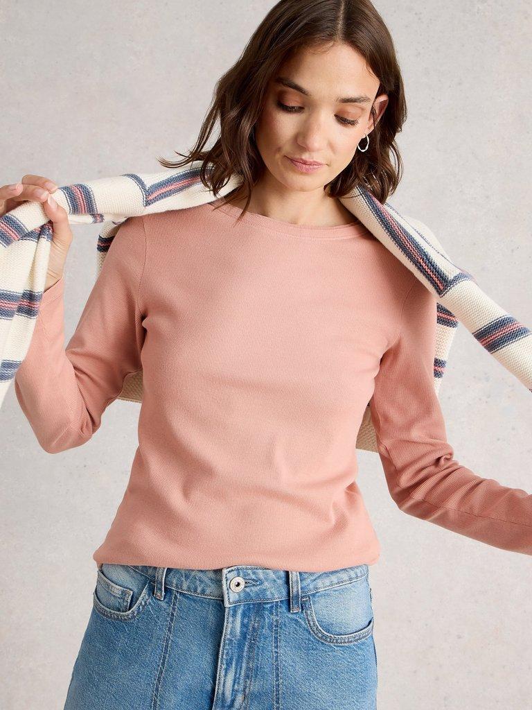 SADIE CREW NECK RIB TEE in DUS PINK - MODEL DETAIL