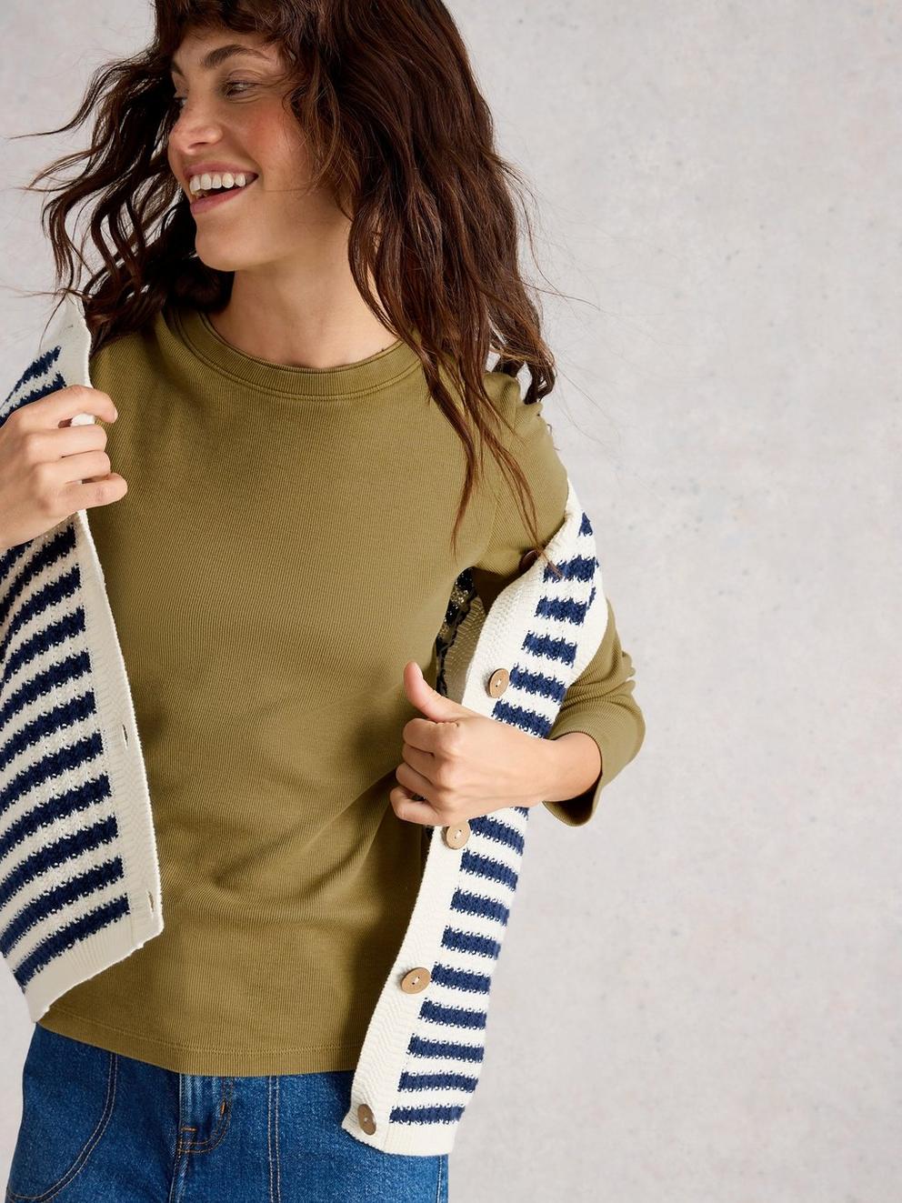 SADIE CREW NECK RIB TEE in KHAKI GRN - MODEL DETAIL