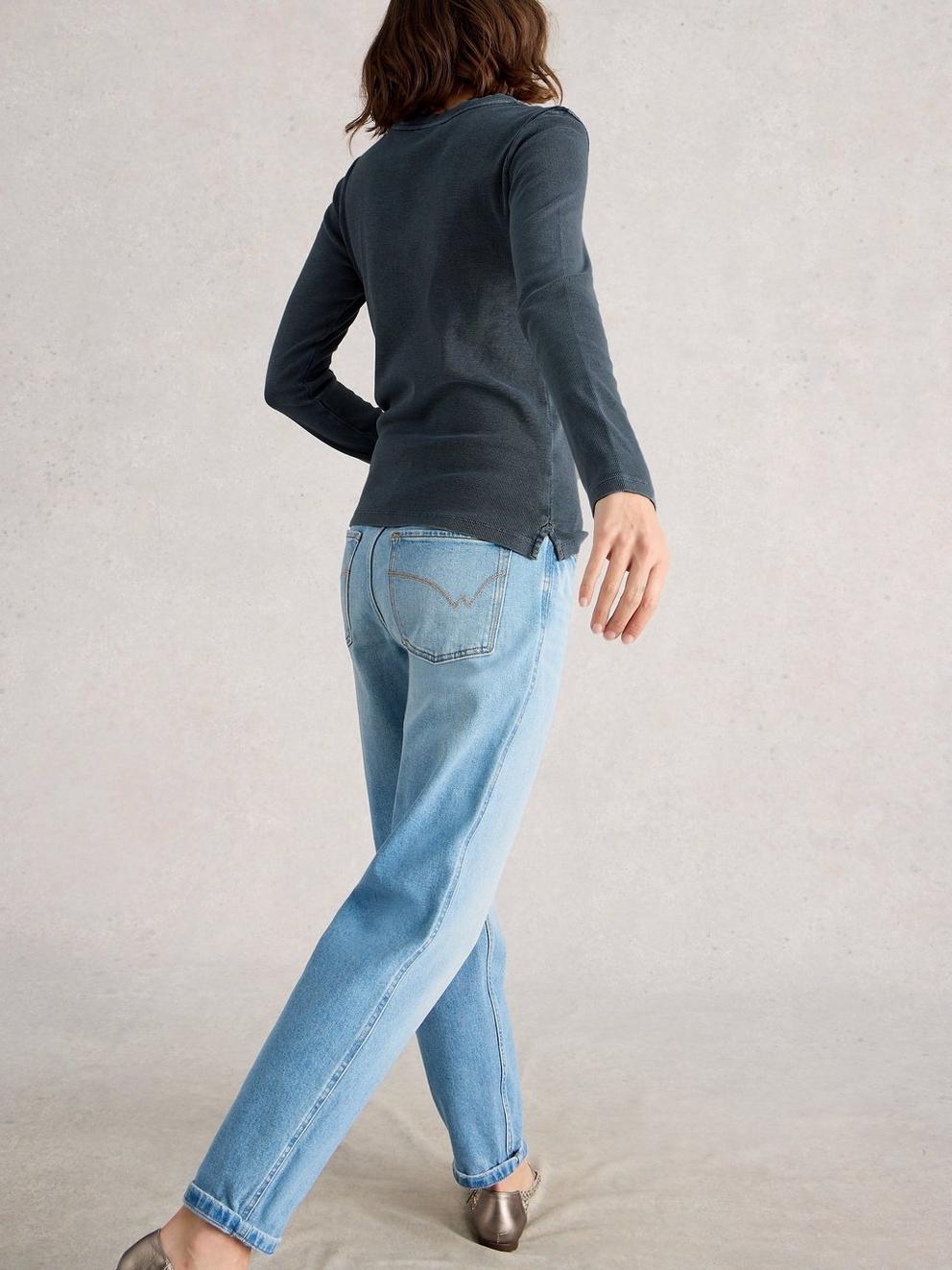 SADIE CREW NECK RIB TEE in MID BLUE - MODEL BACK