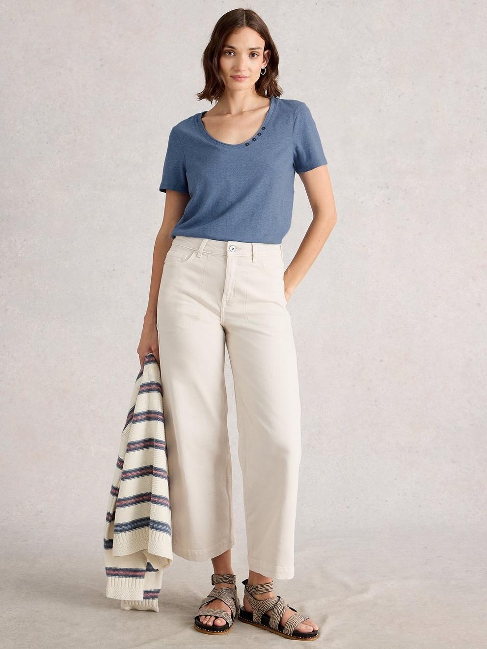 NADIA LONG SLEEVE TEE in MID BLUE - MODEL FRONT
