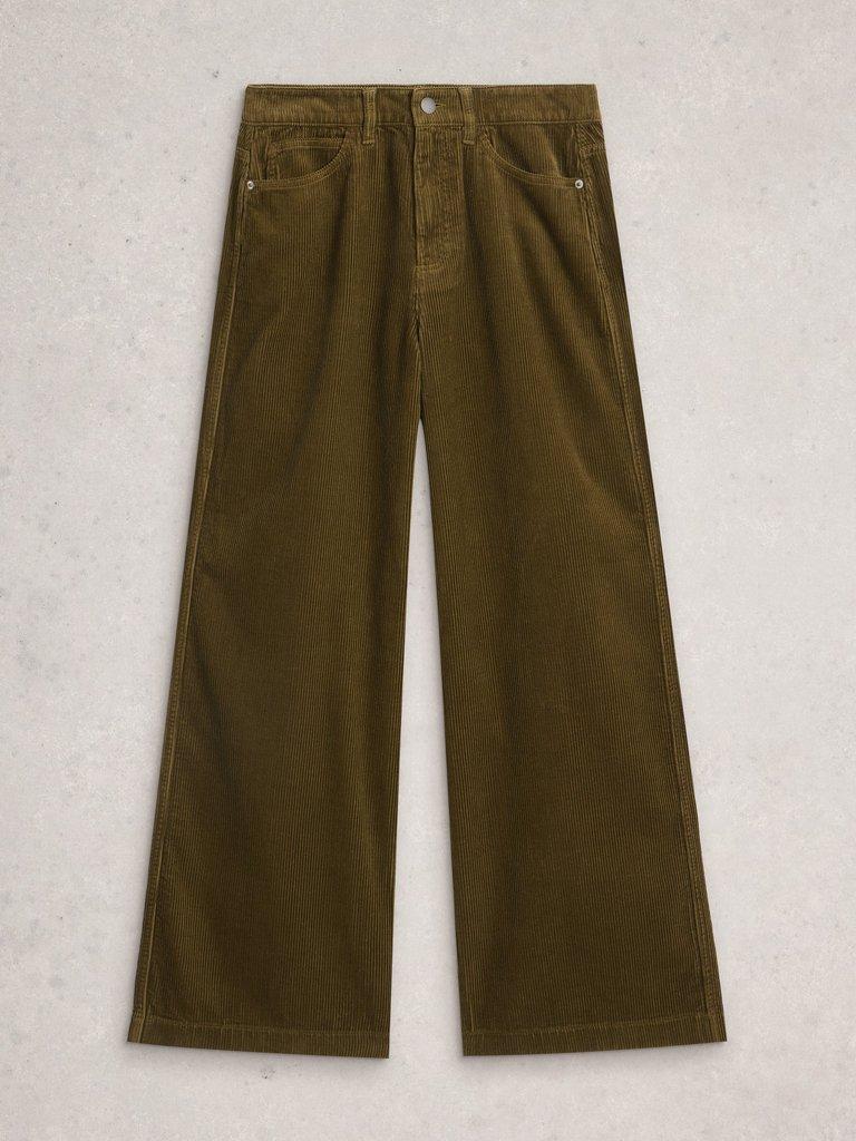 Ayla Cord Wide Leg Trouser in KHAKI GRN - FLAT FRONT