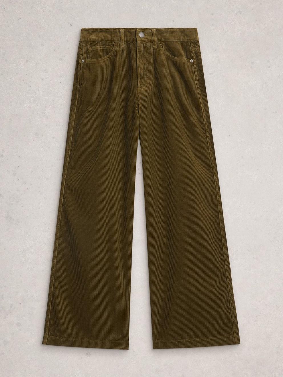 Ayla Cord Wide Leg Trouser in KHAKI GRN - FLAT FRONT