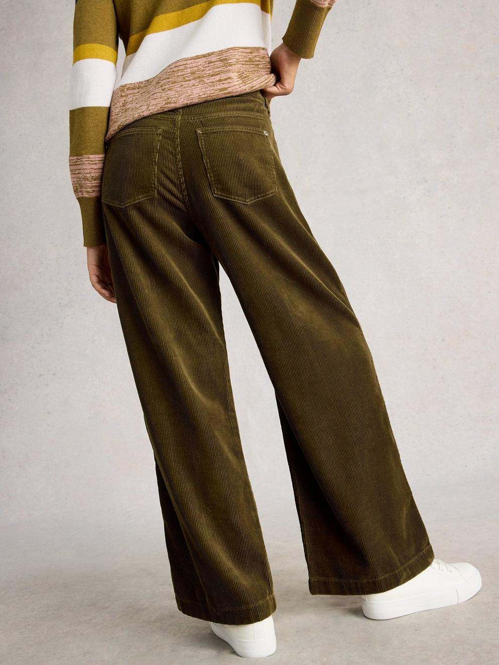 Ayla Cord Wide Leg Trouser in KHAKI GRN - MODEL BACK