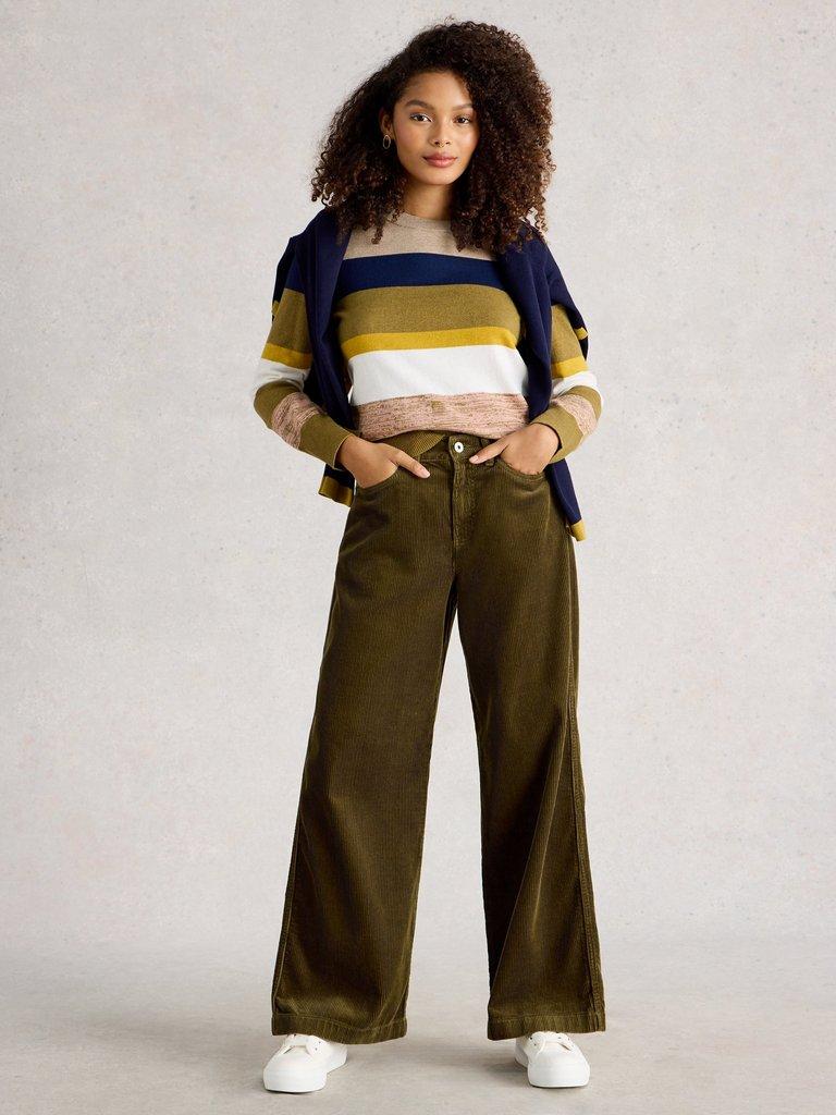Ayla Cord Wide Leg Trouser in KHAKI GRN - MODEL FRONT