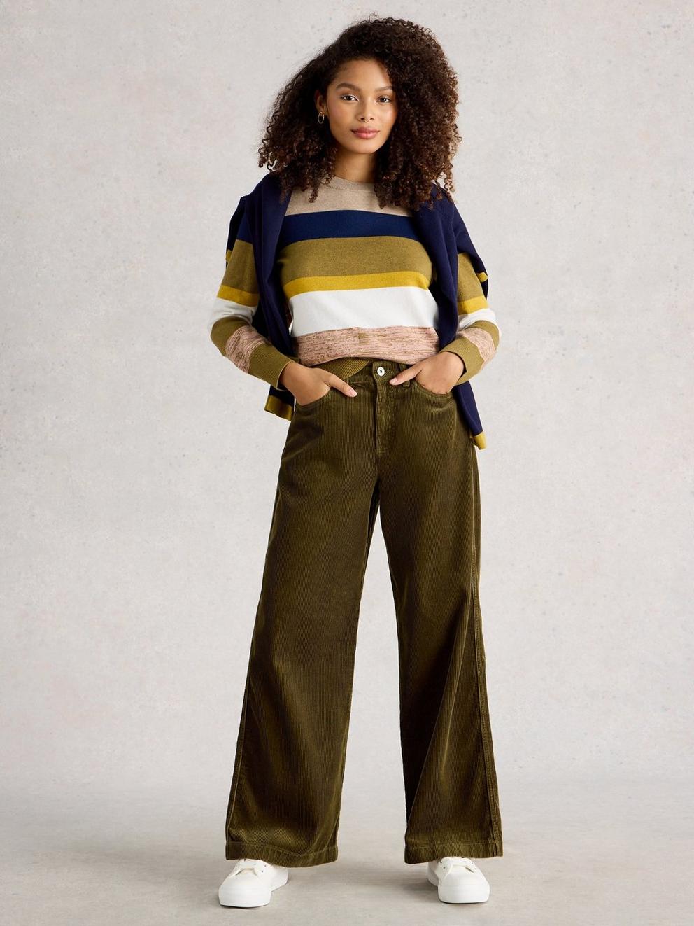 Ayla Cord Wide Leg Trouser in KHAKI GRN - MODEL FRONT