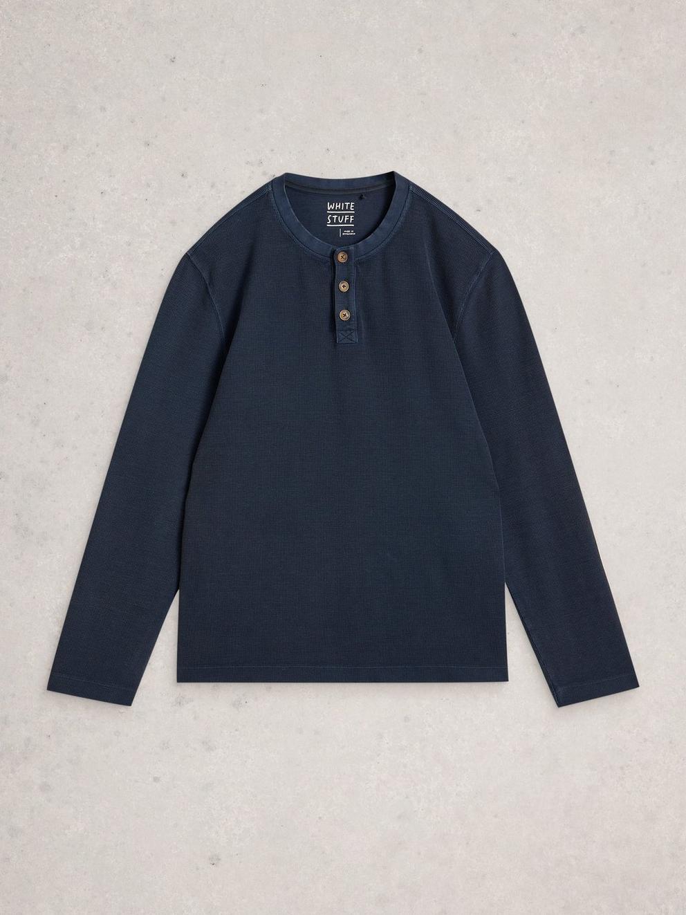 Helston Waffle Henley in DARK NAVY - FLAT FRONT