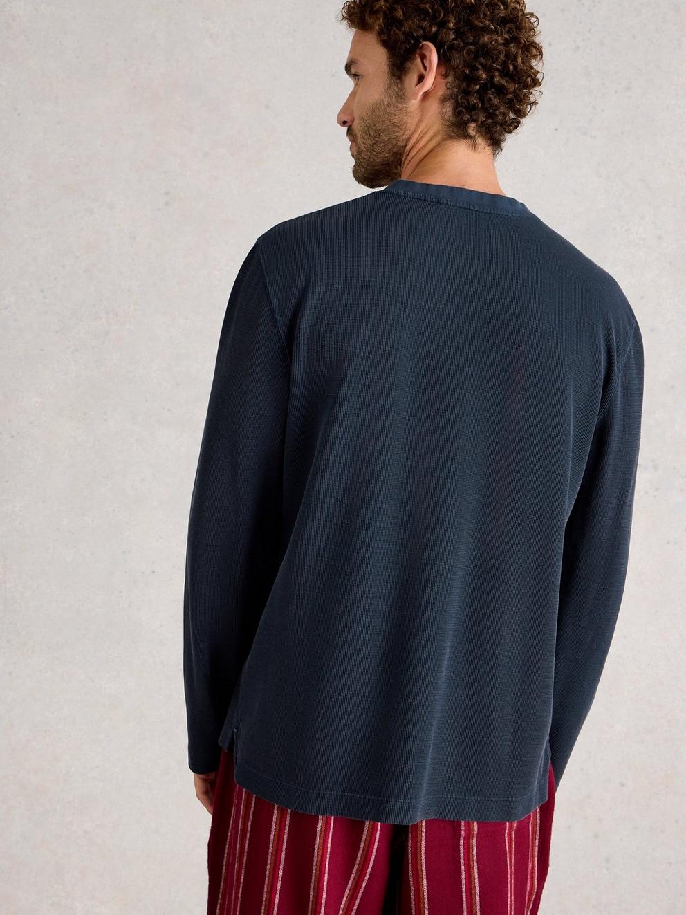 Helston Waffle Henley in DARK NAVY - MODEL BACK