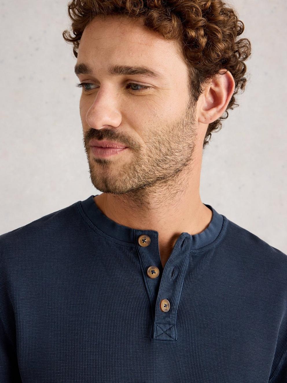 Helston Waffle Henley in DARK NAVY - MODEL DETAIL