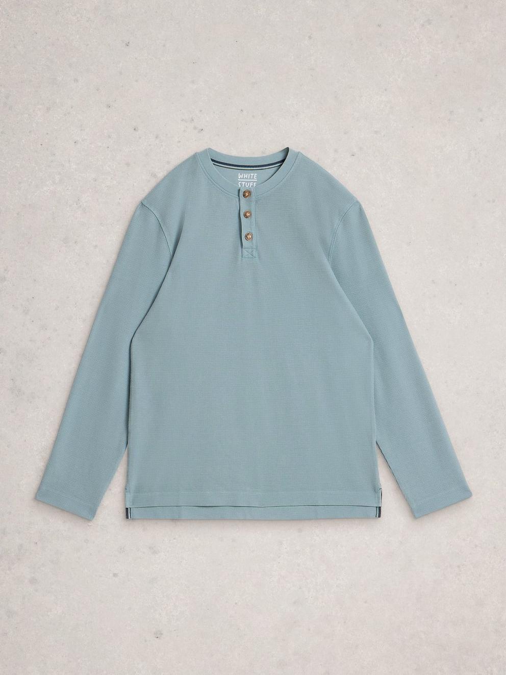 Helston Waffle Henley in LGT BLUE - FLAT FRONT