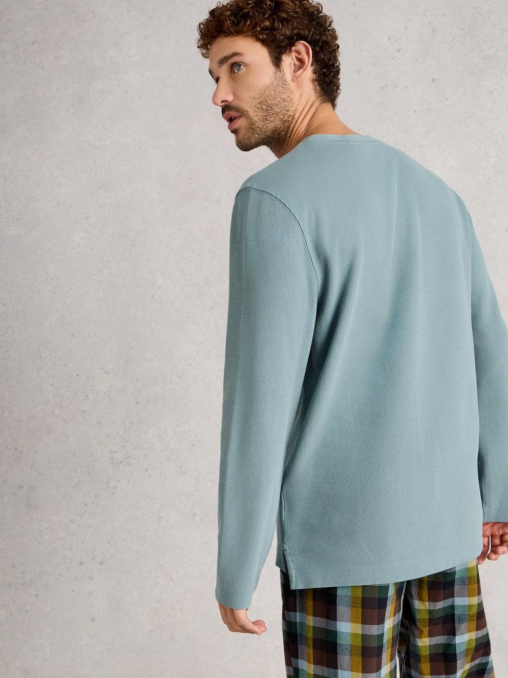 Helston Waffle Henley in LGT BLUE - MODEL BACK
