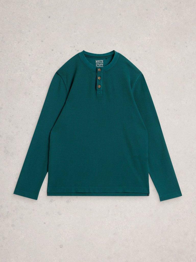 Helston Waffle Henley in MID GREEN - FLAT FRONT