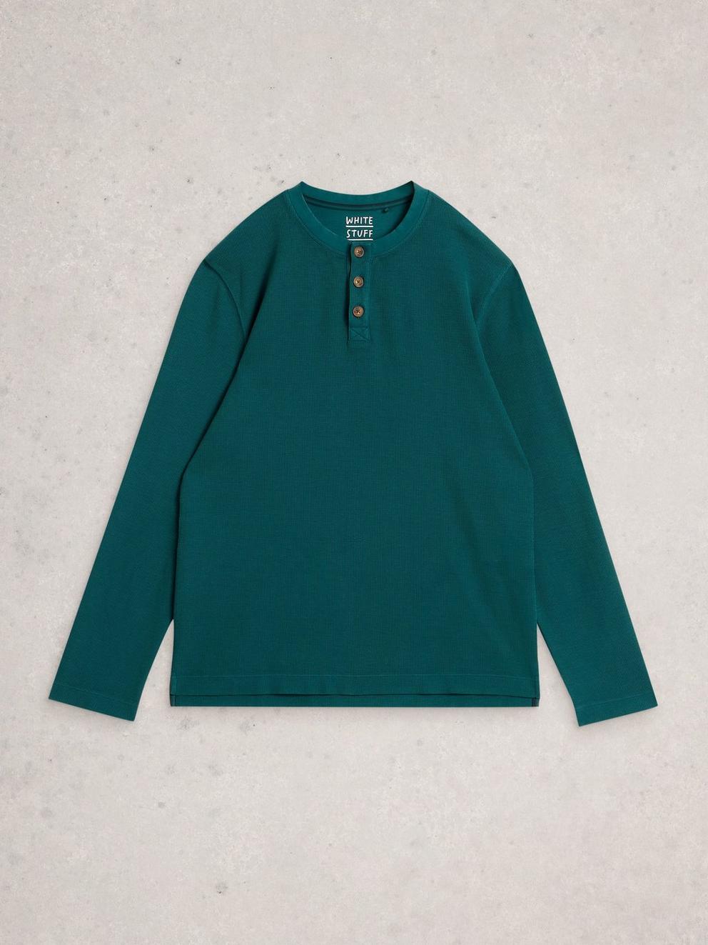 Helston Waffle Henley in MID GREEN - FLAT FRONT