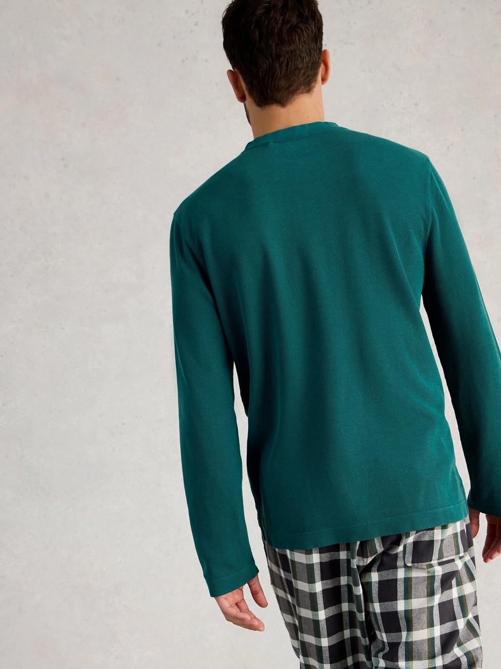 Helston Waffle Henley in MID GREEN - MODEL BACK