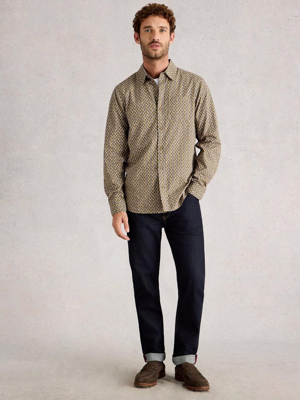 Finsbury Fan Geo Print Shirt in GREEN PR - MODEL FRONT