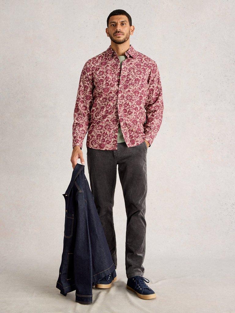 Finsbury Folk Print Shirt in PLUM PR - MODEL FRONT