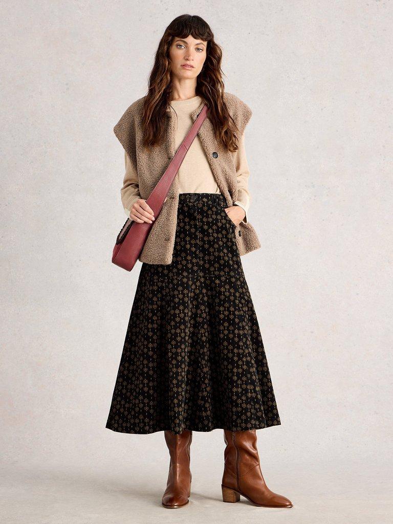 Quinn Cord Midi Skirt in BLK MLT - MODEL FRONT