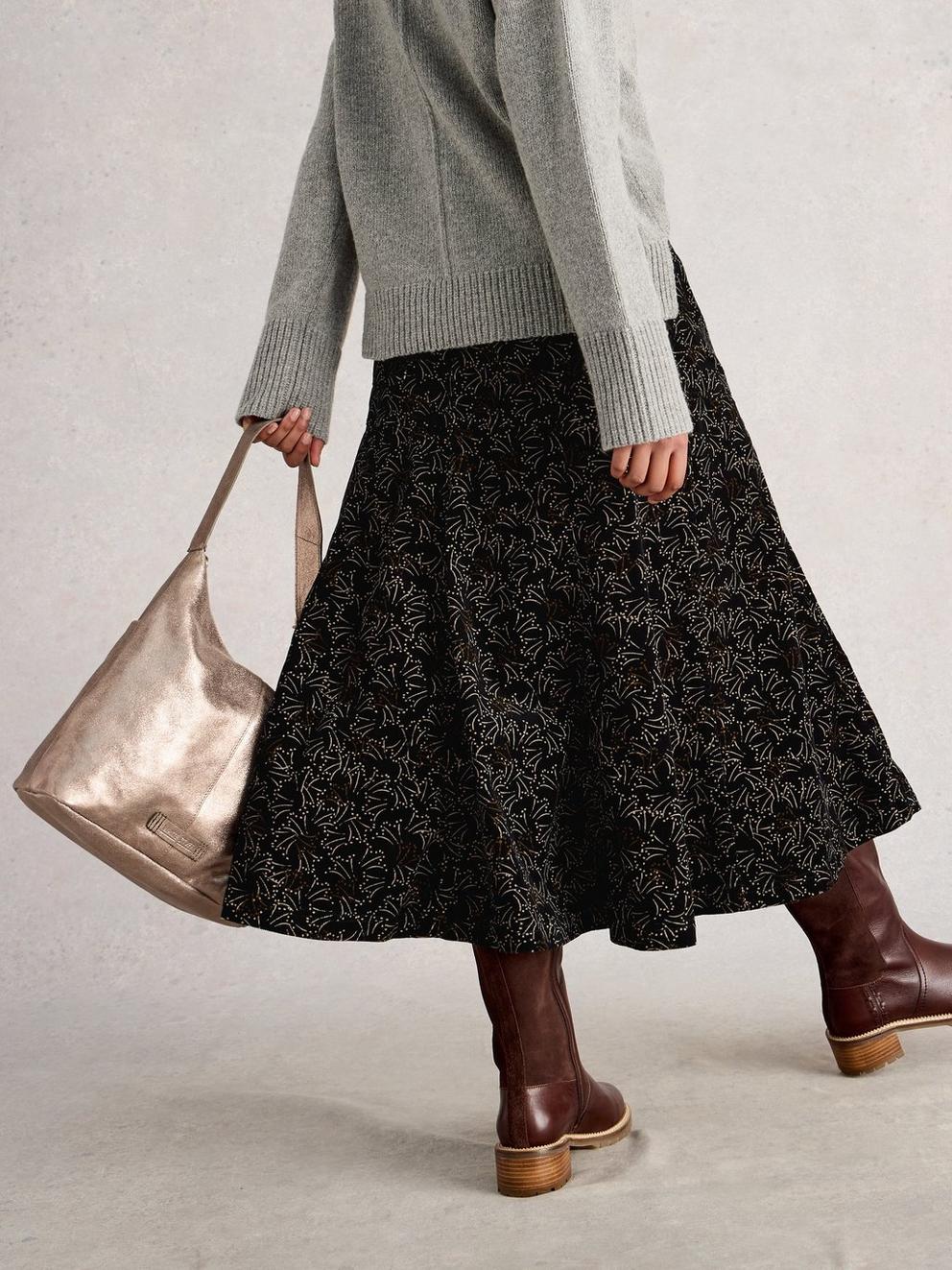 Quinn Cord Midi Skirt in BLK PR - MODEL BACK