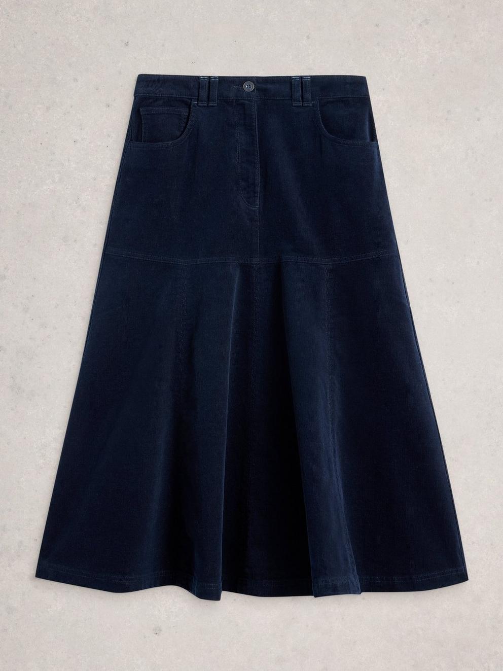 Quinn Cord Midi Skirt in DARK NAVY - FLAT FRONT