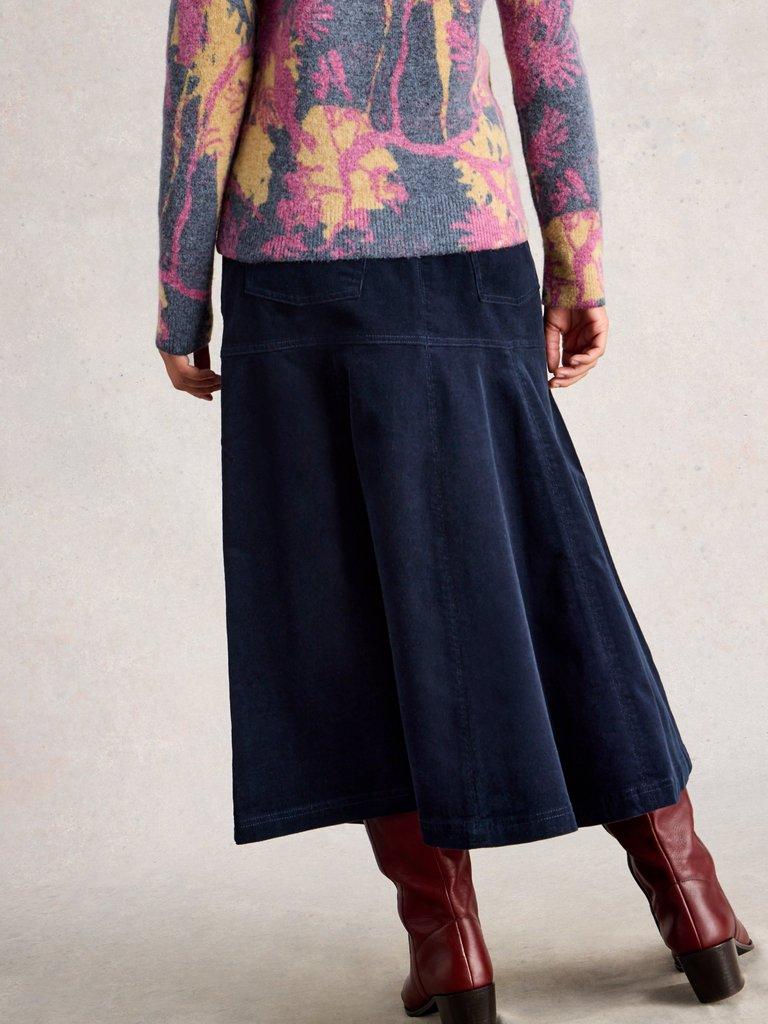 Quinn Cord Midi Skirt in DARK NAVY - MODEL BACK