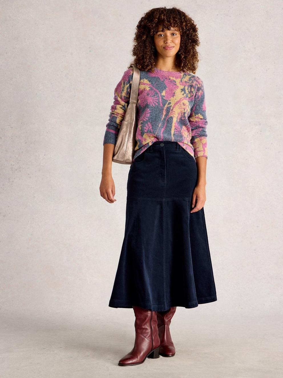 Quinn Cord Midi Skirt in DARK NAVY - MODEL FRONT