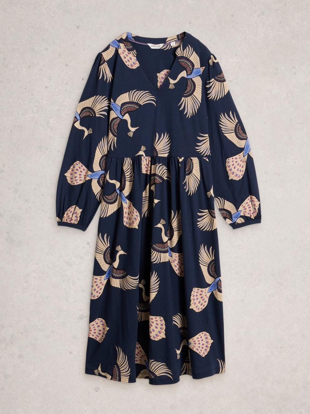 Leah Notch Neck Jersey Dress in NAVY MULTI - FLAT FRONT