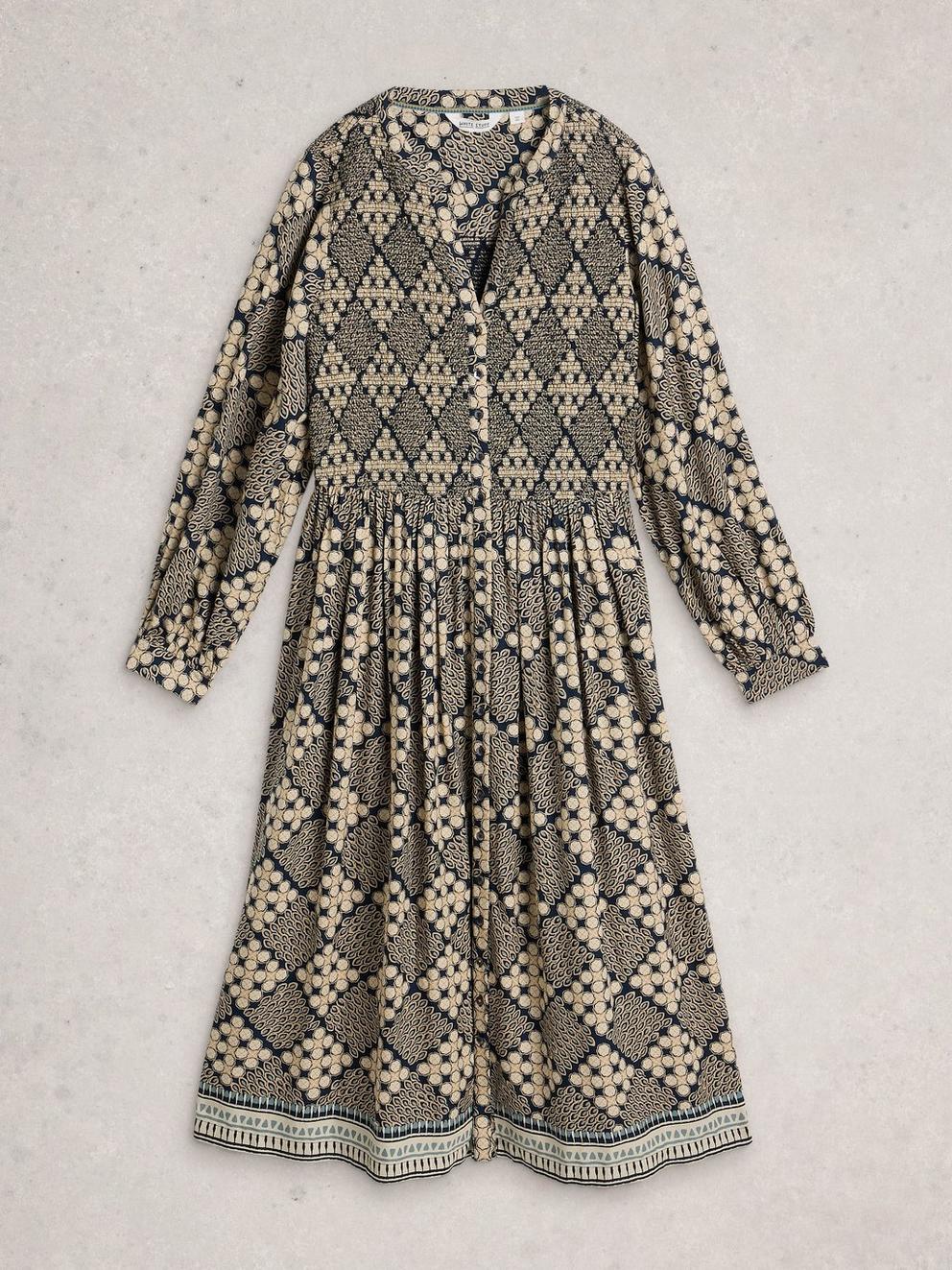 Hattie Shirred Dress in NAVY PR - FLAT FRONT