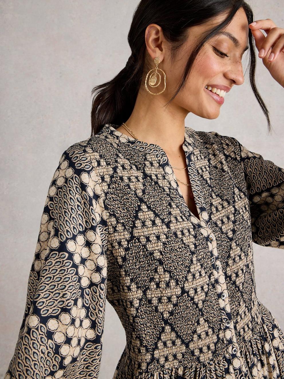 Hattie Shirred Dress in NAVY PR - LIFESTYLE