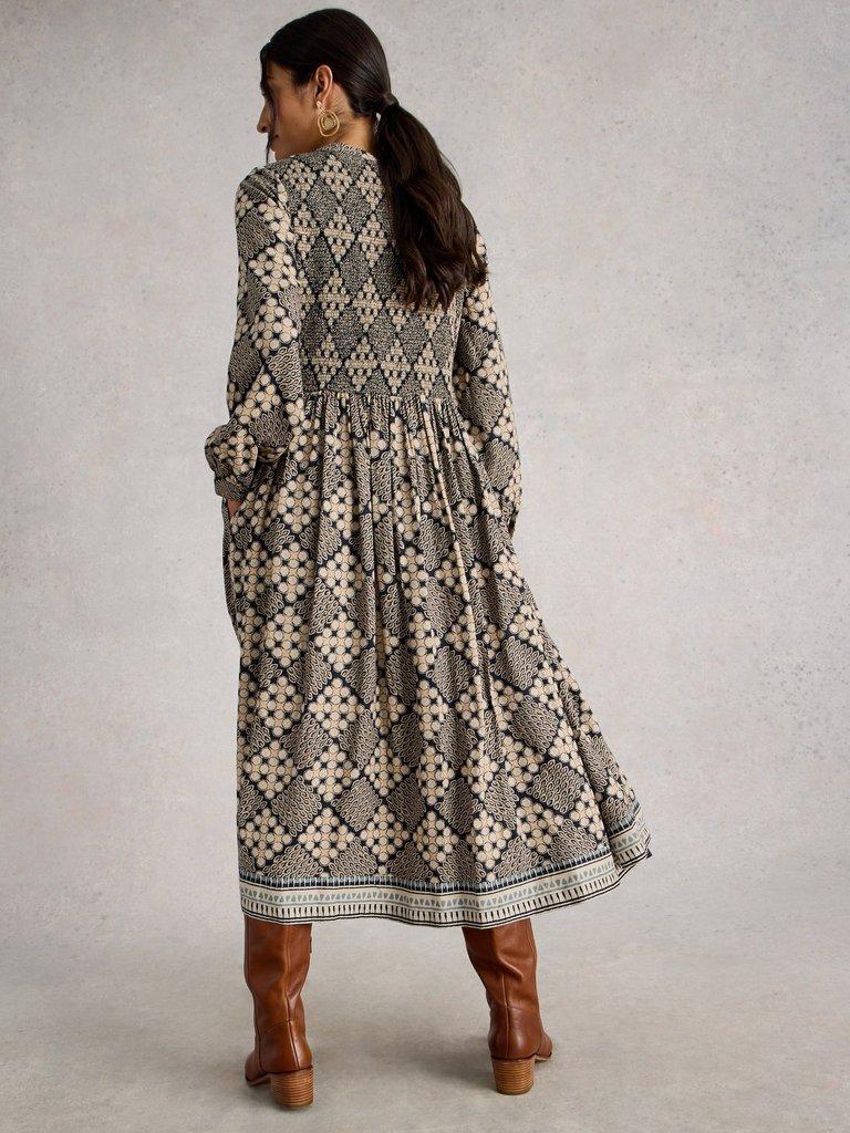 Hattie Shirred Dress in NAVY PR - MODEL BACK