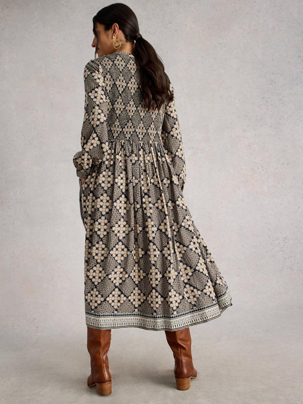 Hattie Shirred Dress in NAVY PR - MODEL BACK