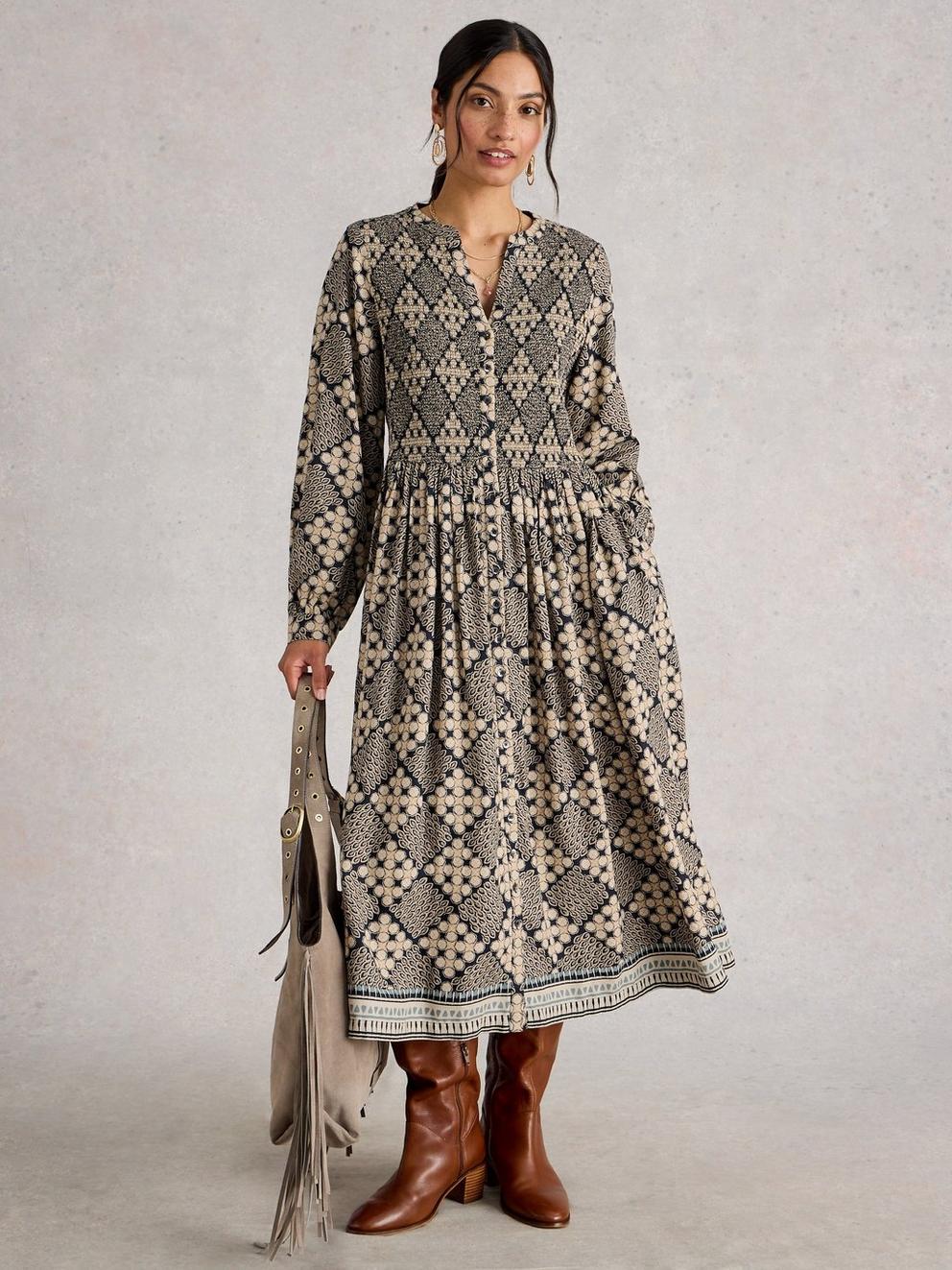 Hattie Shirred Dress in NAVY PR - MODEL FRONT