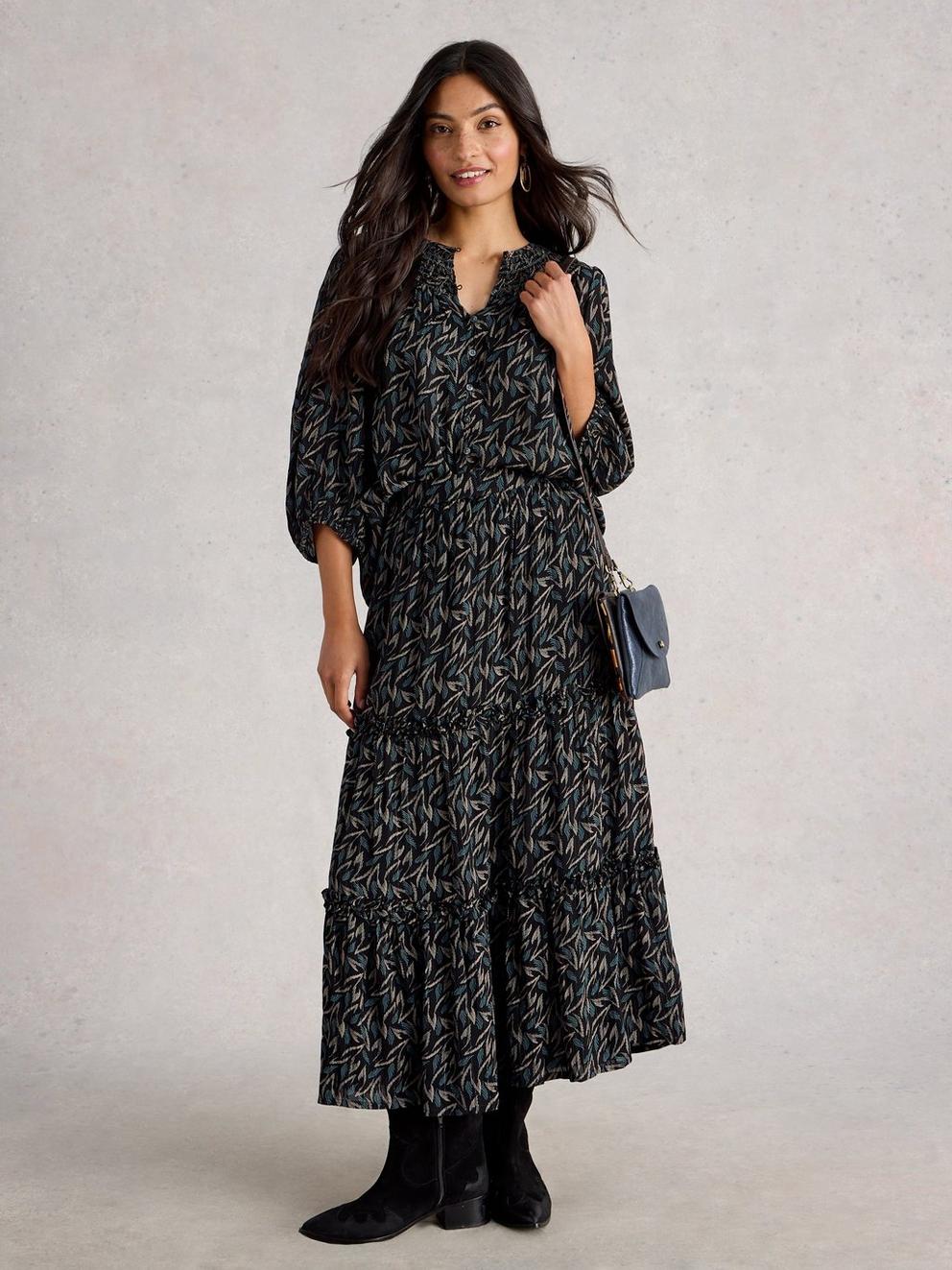 Remi Metallic Midi Skirt in BLK MLT - MODEL FRONT