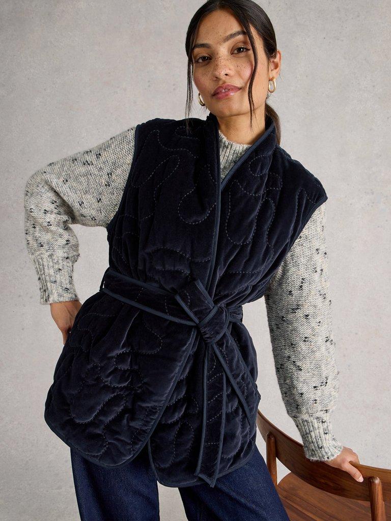Gigi Velvet Quilted Gilet in DARK NAVY - MODEL DETAIL