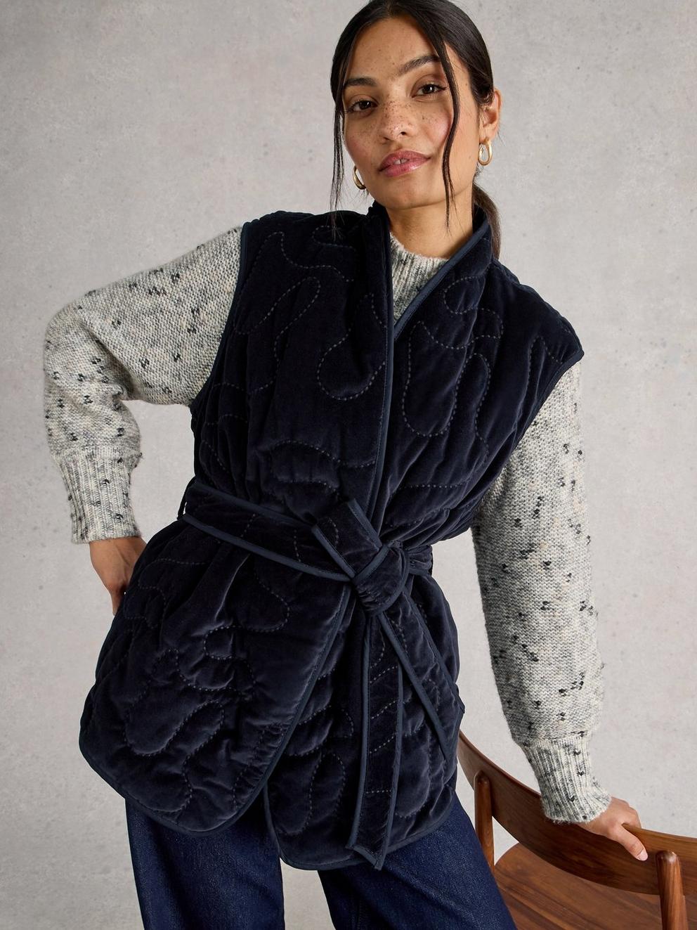 Gigi Velvet Quilted Gilet in DARK NAVY - MODEL DETAIL