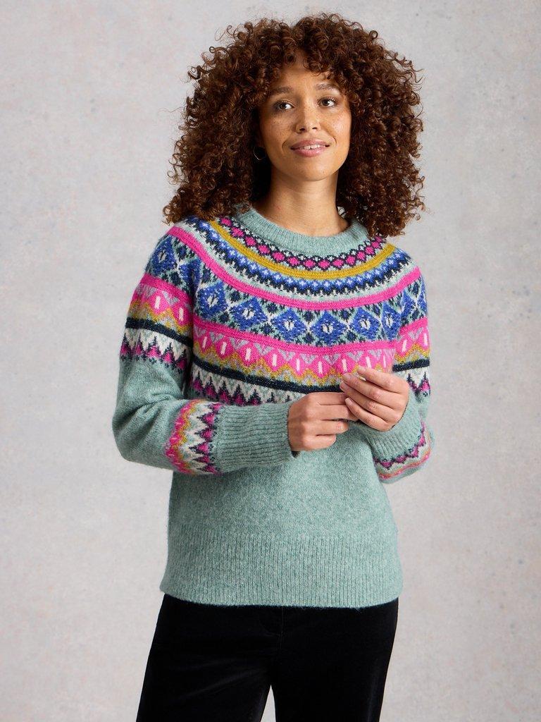 ARCTIC FAIRISLE JUMPER in TEAL MLT - MODEL DETAIL
