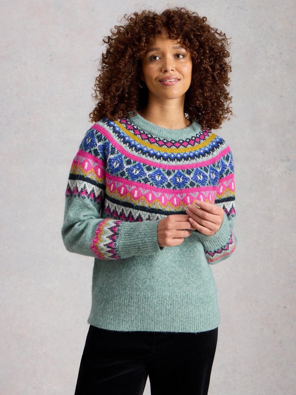 ARCTIC FAIRISLE JUMPER in TEAL MLT - MODEL DETAIL