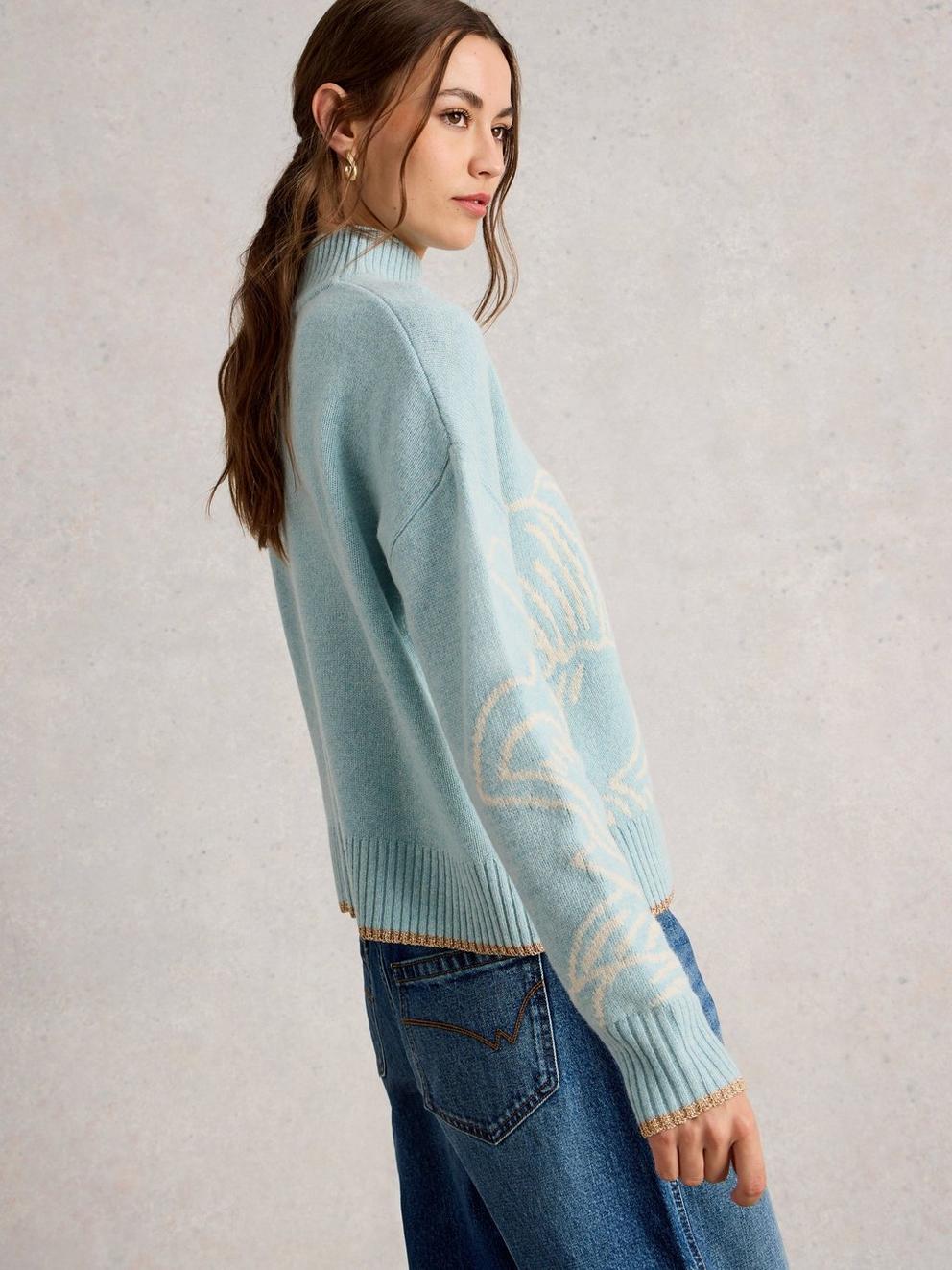 FENELLA FLORAL WOOL BLEND JUMPER in BLUE MLT - MODEL BACK