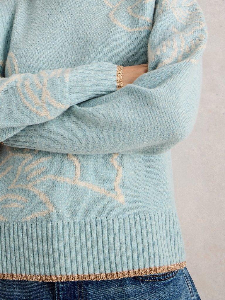 FENELLA FLORAL WOOL BLEND JUMPER in BLUE MLT - MODEL DETAIL