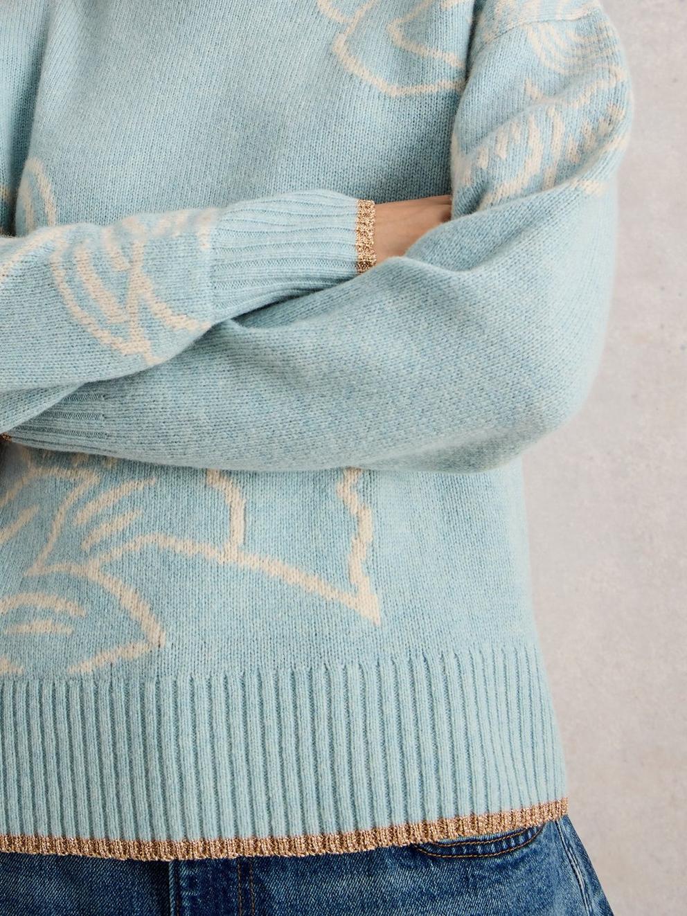 FENELLA FLORAL WOOL BLEND JUMPER in BLUE MLT - MODEL DETAIL