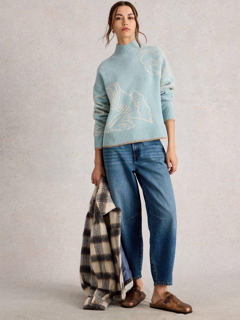 FENELLA FLORAL WOOL BLEND JUMPER in BLUE MLT - MODEL FRONT