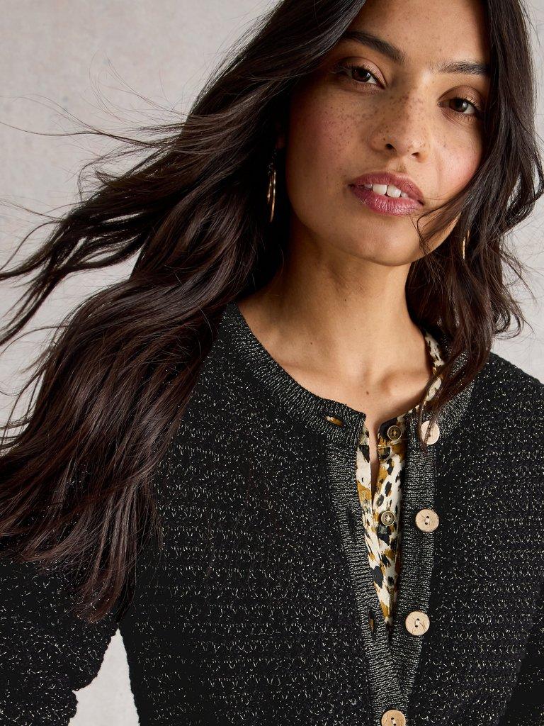 BELLE SPARKLE CARDI in PURE BLK - MODEL DETAIL